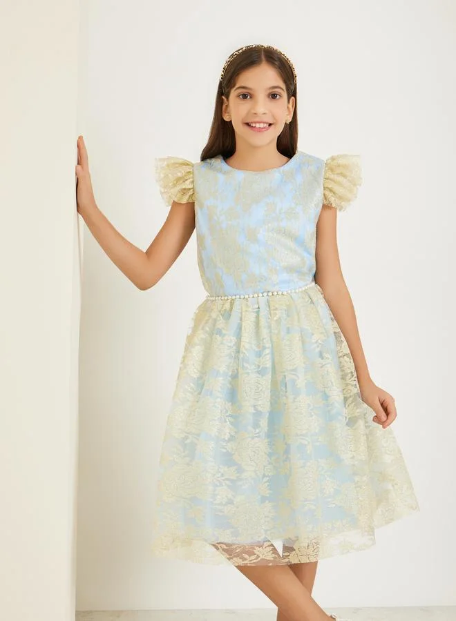 Styli Girls Light Blue Floral Mesh Detail A-Line Dress